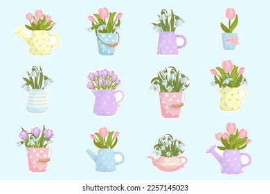 Set of stickers with bouquets of spring flowers tulip,snowdrop,crocus in vintage watering cans,vases.Cartoon vector graphics.