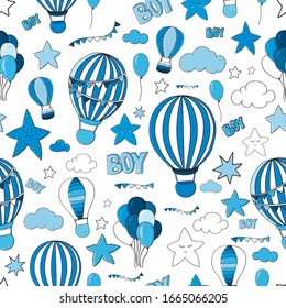 Set of stickers for boy Patttern. Clouds, balloons, stars, sky, party elements. Children's illustration for paper, wallpaper, textile.