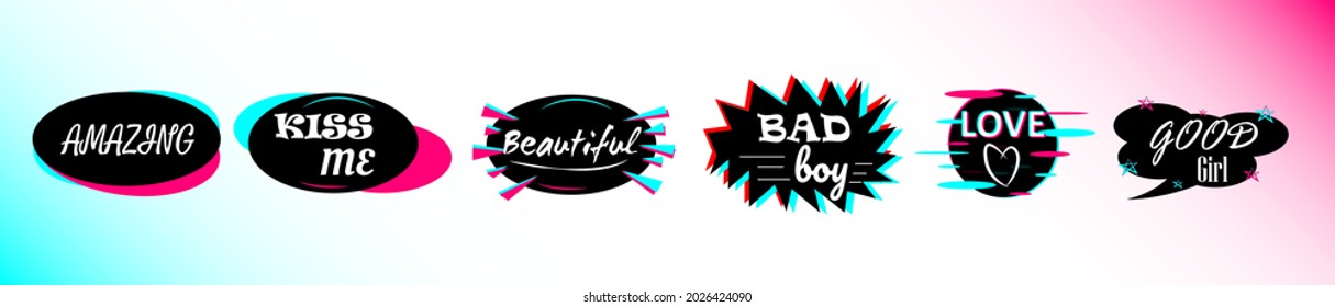 Set of stickers for boys and girls in the style of a famous social network. Black - blue  -pink sticker on white background. Modern advertising social media design. Vector illustration