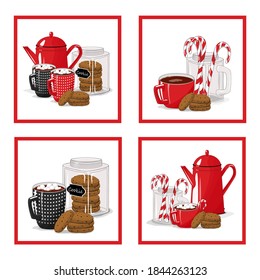 Set of stickers. Breakfast. Teapot, cup and cookies on an isolated white background.