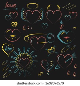 A set of stickers with bright hearts and attributes for Valentine's Day on a black background.