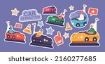 Set of Stickers Bumper Car Attraction in Amusement Park. Children at Fun Fair Entertainment Riding Colorful Dodgem Carts. Kids Characters Recreation Activity. Cartoon People Vector Illustration