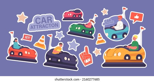 Set of Stickers Bumper Car Attraction in Amusement Park. Children at Fun Fair Entertainment Riding Colorful Dodgem Carts. Kids Characters Recreation Activity. Cartoon People Vector Illustration