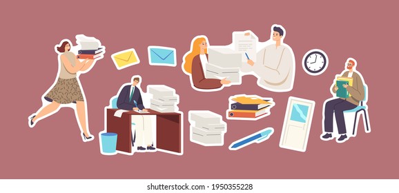 Set of Stickers Bureaucracy Theme. Secretary Woman Carry Heap of Documents. Characters Paperwork, Office Stationery, Envelopes, Pen and Visitors Wait Appointment. Cartoon People Vector Illustration