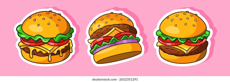  Set of Stickers Burger Vector Illustration, Isolated Cartoon Design Design