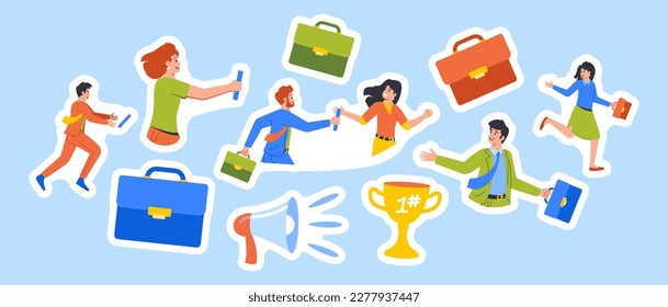 Set of Stickers Business Characters Participate In Relay Race Passing Baton From One To Another In Race Isolated Patches