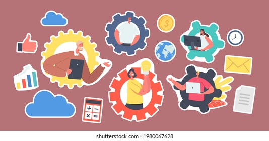 Set of Stickers Business Characters Remote Team Working. Webcam Group Conference with Coworkers via Computer or Digital Device. Employees Speak Online, Discuss Idea. Cartoon People Vector Illustration