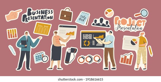 Set of Stickers Business Project Presentation. Businesspeople, Magnifier, Briefcase, Scrum Board and Data Analysis Graphs, Office Stationery, Notebook and Clock or Hand. Cartoon Vector Illustration