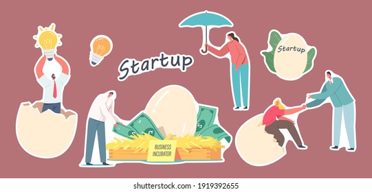Set of Stickers Business Startup Incubator Theme, Businesspeople Characters with Eggs, Idea Light Bulb and Birds Nest with Dollar Banknotes. Start Up Project Grow. Cartoon People Vector Illustration