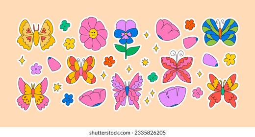 Set of stickers with butterflies and flowers. Vector illustration in groovy psychedelic style. 