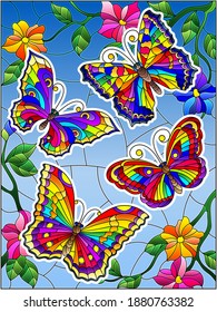 Set of stickers with butterflies in stained glass style on a background of blue sky and bright flowers