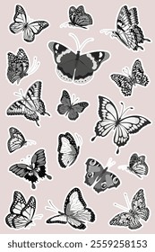 Set of stickers with butterflies.Vector collection of black and white butterfly stickers.