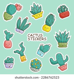 conjunto de stickers de cactus en macetas con caras graciosas