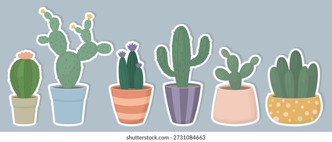 Set of stickers with cacti in pots. Illustration of cute houseplants
