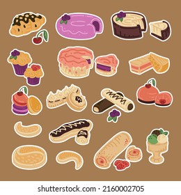 Set of stickers cakes_ice cream. Croissant, muffins, cakes, cake pieces, eclairs, curds, tartlets, sweet roll, ice cream. Vector hand draw cartoon illustration.

