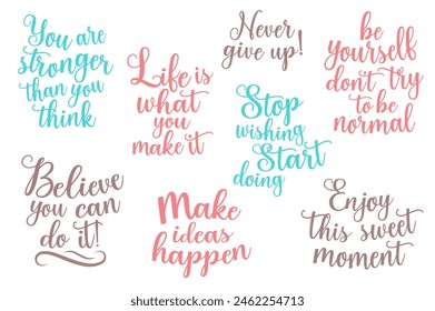 Conjunto de pegatinas Texto caligráfico en diseño plano de dibujos animados. Esta Imagen contiene frases motivadoras e inspiradoras escritas en letra caligráfica y en colores pastel. Ilustración vectorial.