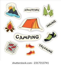 Un conjunto de stickers para acampar, pegatinas, turismo, rastreo, senderismo. Colección de etiquetas, hoguera, carpa, naturaleza, aventura, parrilla.