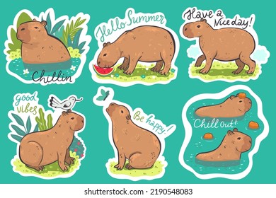 Set of stickers with capybaras and inscriptions. Vector graphics.