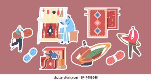 Set of Stickers Carpet Weaving Theme. Woman Work on Handloom, Tiny Characters with Skein of Thread and Weaving Shuttles, Stall with Rugs for Sale, Vintage Art. Cartoon People Vector Illustration