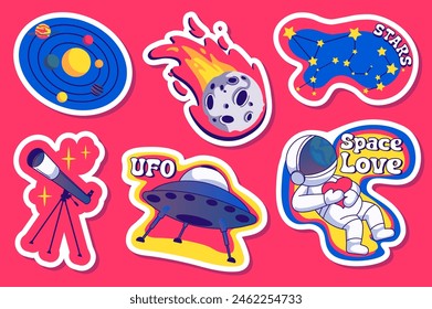 Set von Aufklebern Cartoon Astronaut in flachem Cartoon-Design. Diese helle Illustration bietet eine Reihe von Aufklebern im Vintage-Stil, die verschiedene Objekte mit Weltraum-Thema darstellen. Vektorillustration.