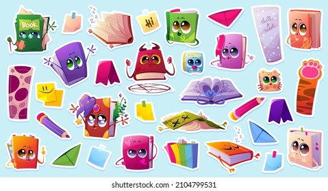 Set of stickers cartoon books, notes, bookmarks and pencils. Cute school stationery personages diary, witch spellbook, devil, cat paw, paper corners. Vector patches collection, cut out illustration