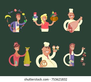 Set of stickers Cartoon character sellers men and women with fish, fruit, vegetable and meat shop. Vector illustration eps 10