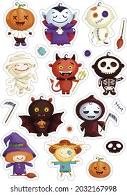 Set of stickers of cartoon characters in costumes for Halloween. Cute Dracula, Witch, Bat, Scarecrow, pumpkin, Voodoo doll, Death with a scythe, skeleton, Egyptian mummy. Vector graphics