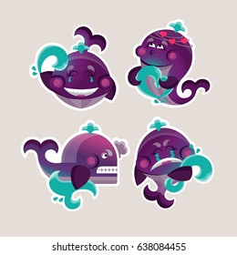 Set stickers. Cartoon characters. Emotional whales.