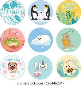 A set stickers and cartoon characters  Jellyfish  penguins  frog  seal  bear  dog  cat  bee 