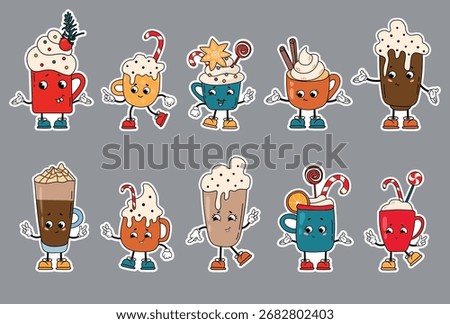 Set of stickers Cartoon Christmas drinks  Illustration. Kawaii coffee drinks