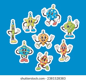 Set of Stickers with Cartoon Christmas Retro Bauble Characters. Little Ball, Icicle and Star Bring Holiday Joy