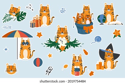 Set of stickers with cartoon cute tiger character. Childrens vector illustration