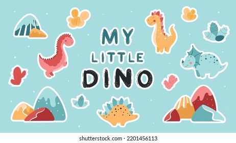  Set of stickers with cartoon dinosaurs, ready-made sticker pack with dinosaurs vector, set of dinosaurs in cartoon style