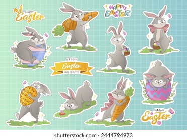 Conjunto de pegatinas de conejitos de Pascua de dibujos animados con huevos, arcos, zanahorias y letras. Carácter festivo del doodle de la colección de primavera aislado en el fondo blanco