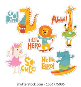Set of stickers with cartoon flat style animals characters and lettering. Iduana, giraffe, lion, unicorn and hippo stickers. Good for kids room decoration and any print, letters, cards. 