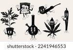 Set of stickers Cartoon mascot character. Medical cannabis, weed,Bong, glass jar,Plastic bag,Cannabis Cigarette, marijuana character concept