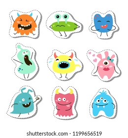 Set of stickers with cartoon monsters. Vector illustration.