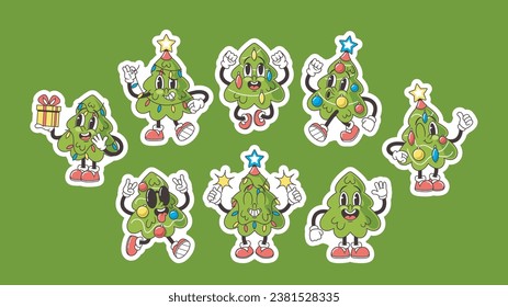 Set Of Stickers With Cartoon Retro Christmas Tree Characters In Groovy Style With Colorful Ball Decorations, And Lights