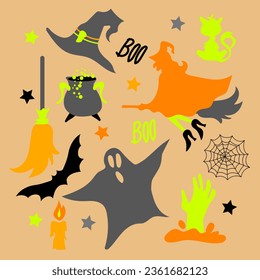 Eine Reihe von Aufklebern für Halloween. Doodle-Cartoon-Stil