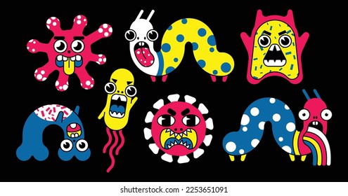 A set of stickers with cartoon trippy monsters. Collection with cute characters of viruses and bacteria in psychedelic cartoon style. Isolated cartoons on a black background. Vector illustration.