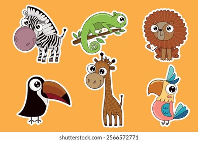 Set of stickers of cartoon wild animals. Lion, Zebra, Giraffe, Parrot, vector illustration