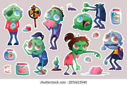 Set of stickers cartoon zombie, funny halloween characters, brain, eye ball, headless corpse with raised arms, jaw in glass jar, hand stick up from grave, hazard lollipop Vector illustration, clip art