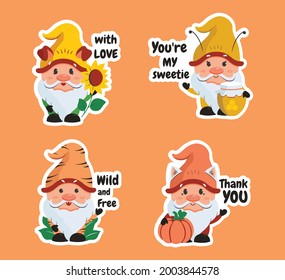 The set of stickers cartoonish gnomes with text and phrases. The collection of funny characters with pumpkin, sunflower, honey and popular quotes. The vector illustration