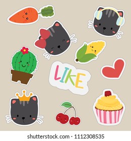 Set of stickers with cat, carrot, corn, cup cake, cactus,heart, 