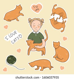 Set of stickers of cats in different poses and one girl. Colorful vector illustration in flat cartoon style.