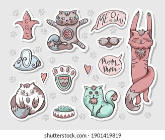 A set of stickers with cats. Hand-drawn vector images with labels.