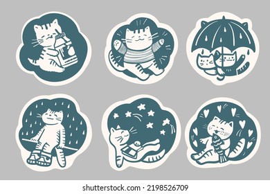 A set of stickers with cats.  Vector set. Monochrome drawing. 