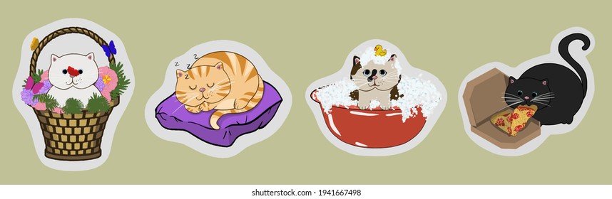 Set of stickers with cats. Wallpapers, backgrounds, postcards, icons, images.