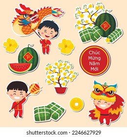  Set of stickers for celebrating Lunar Chinese New Year. Tết-Vietnamese New Year, Vietnamese Lunar New Year or Tet Holiday.	