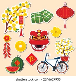  Set of stickers for celebrating Lunar Chinese New Year. Tết-Vietnamese New Year, Vietnamese Lunar New Year or Tet Holiday.	